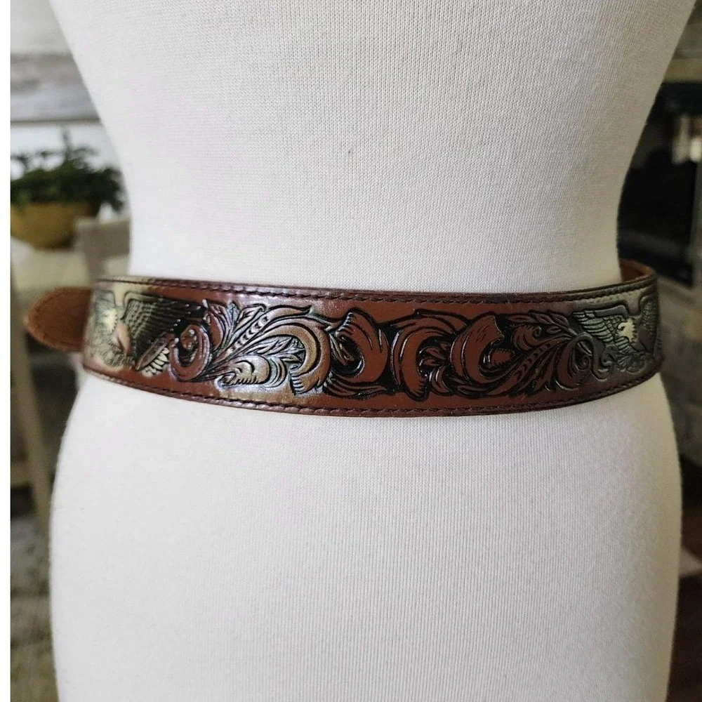 Vintage Mens Brown Tooled Leather Western Belt Eagle Floral Scroll Silver Buckle